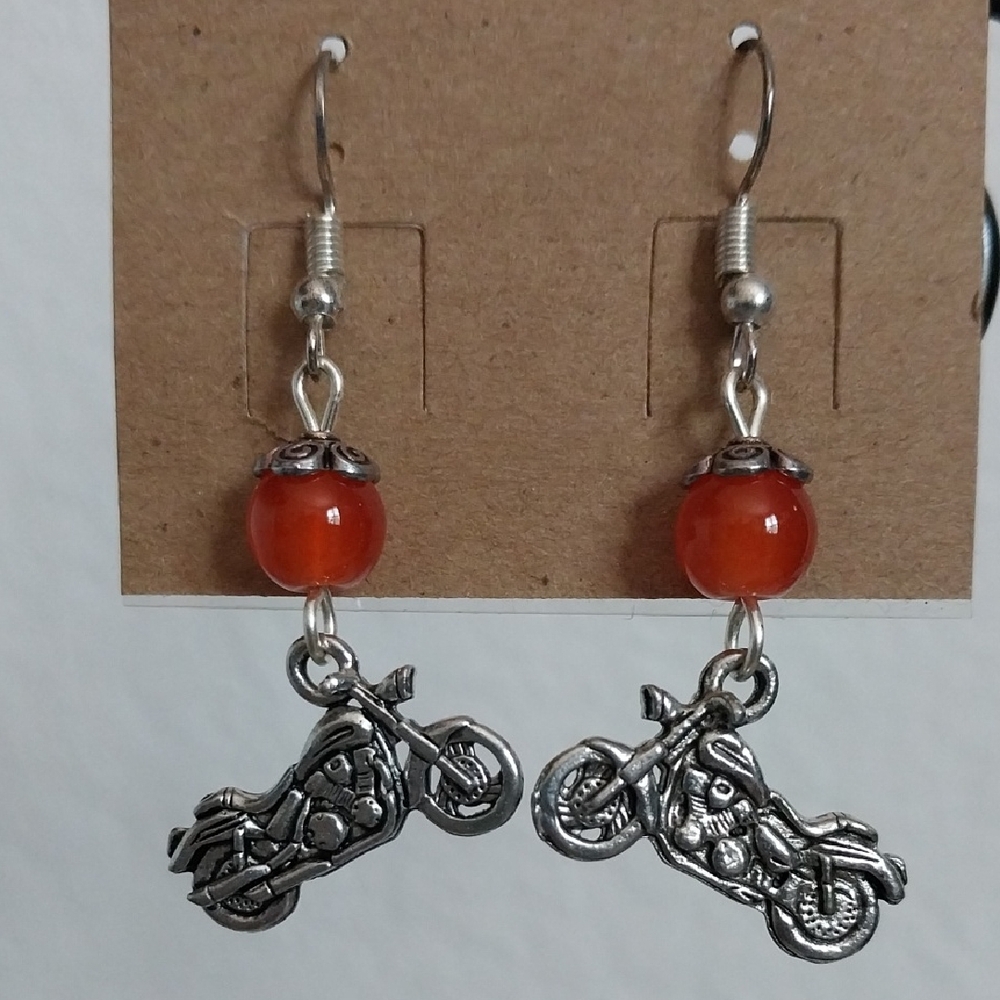 Playful Silver and Orange Motorcycle Earrings